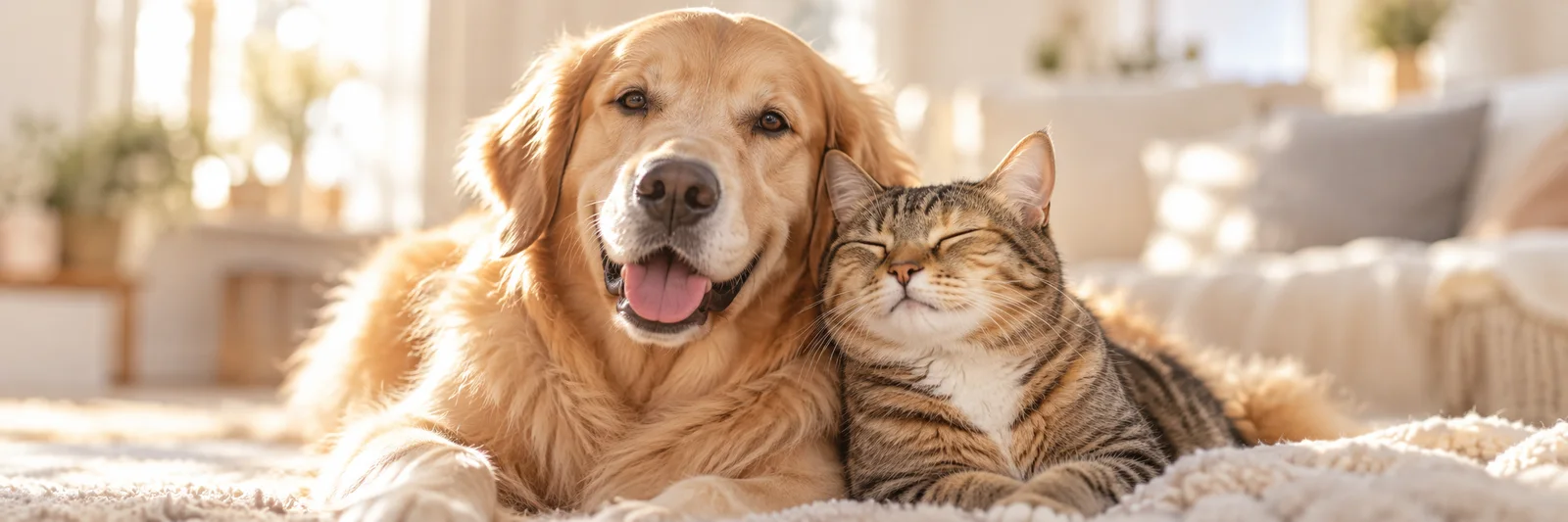 A happy golden retriever and a relaxed tabby cat snuggling together
