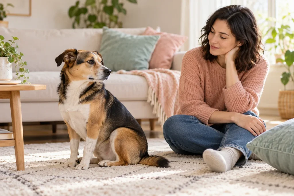 A dog sits turned away while its owner gives it space in a calm living room