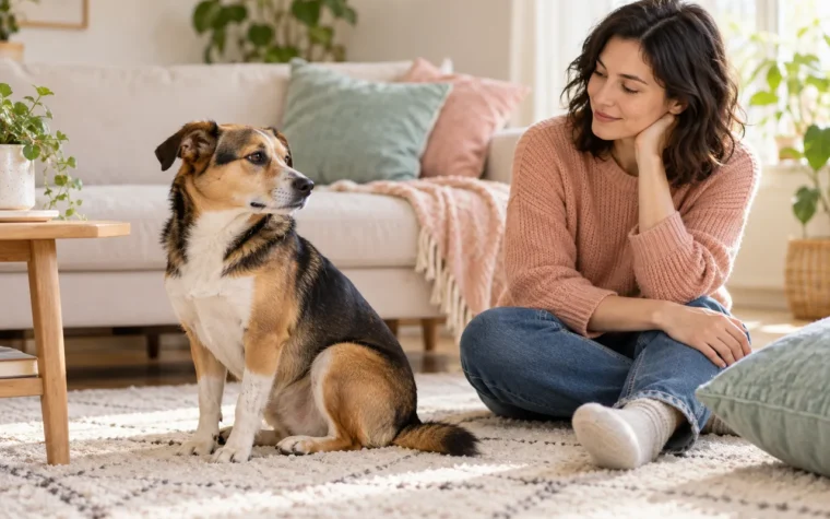 A dog sits turned away while its owner gives it space in a calm living room