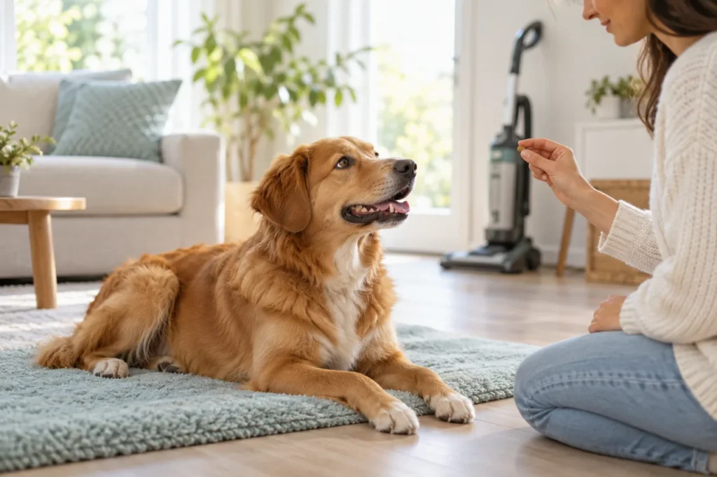 A relaxed dog receiving a treat near a switched-off vacuum in a bright home