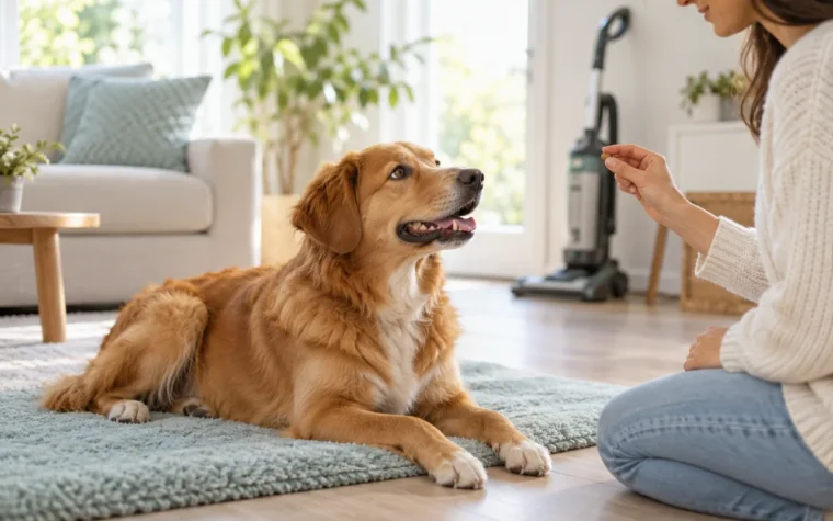 A relaxed dog receiving a treat near a switched-off vacuum in a bright home