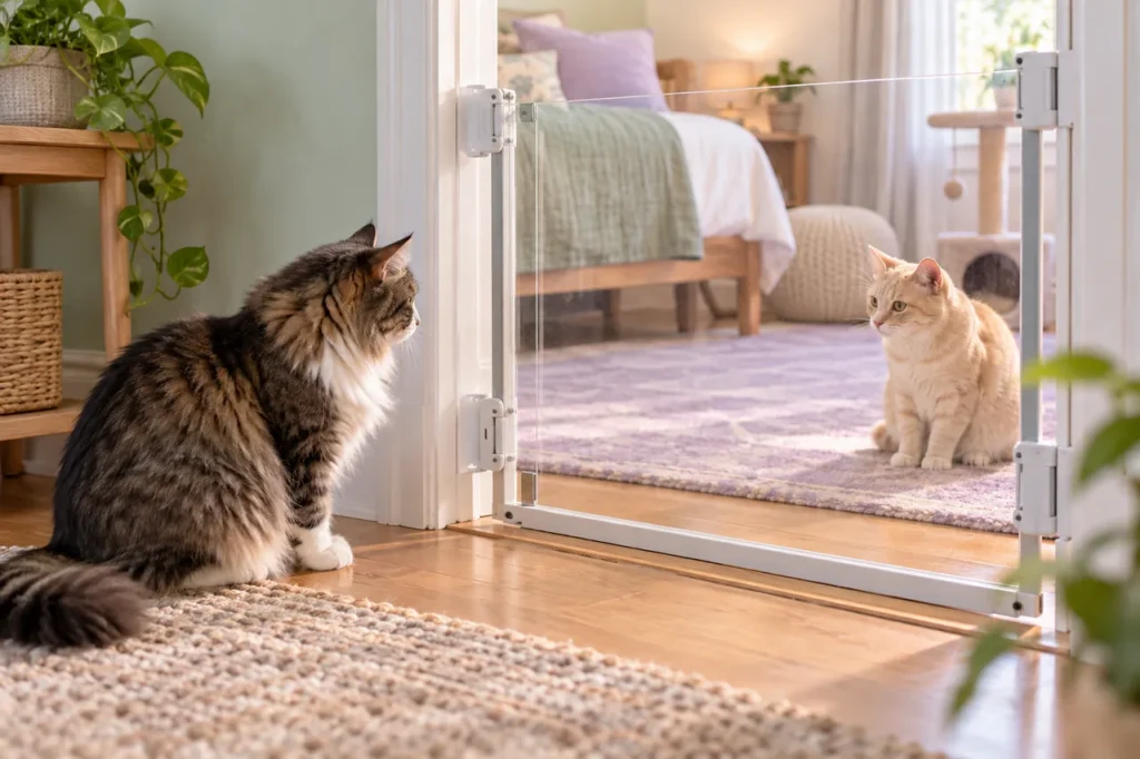 Two cats calmly looking at each other through a secure transparent barrier