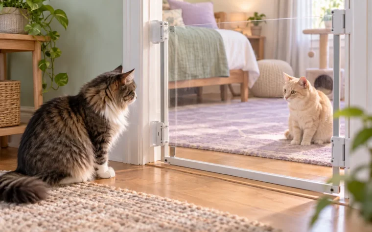 Two cats calmly looking at each other through a secure transparent barrier