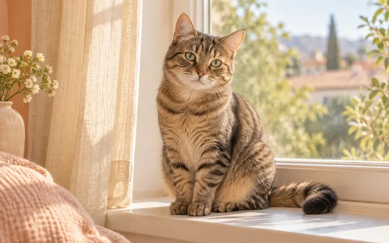 A relaxed tabby cat sitting on a sunny cream windowsill