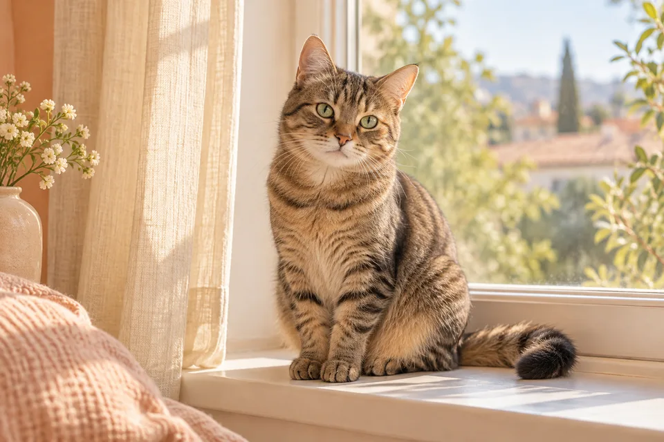 A relaxed tabby cat sitting on a sunny cream windowsill
