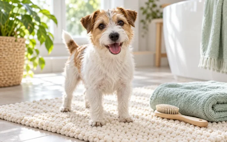 A small terrier on a cream mat beside a mint towel and pet brush