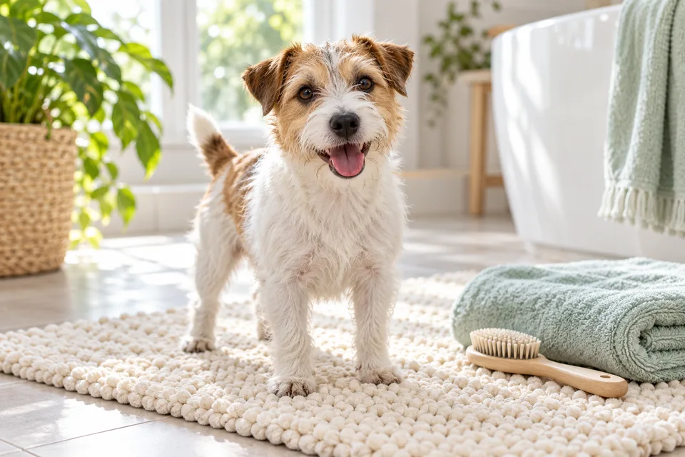 A small terrier on a cream mat beside a mint towel and pet brush