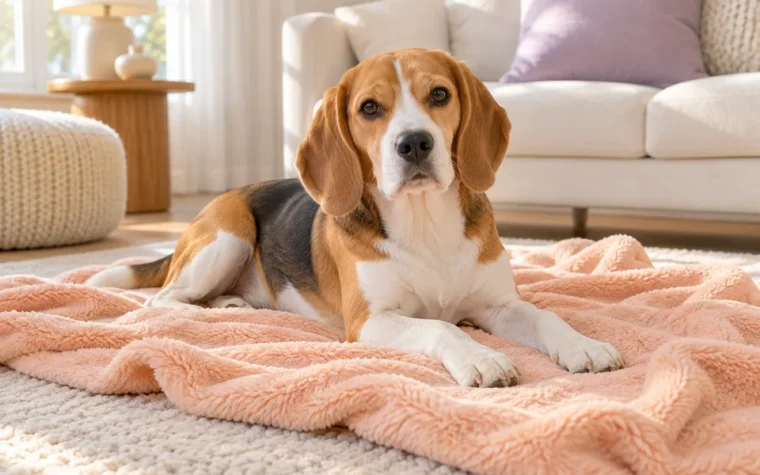 A beagle resting on a peach blanket in a tidy cream living room