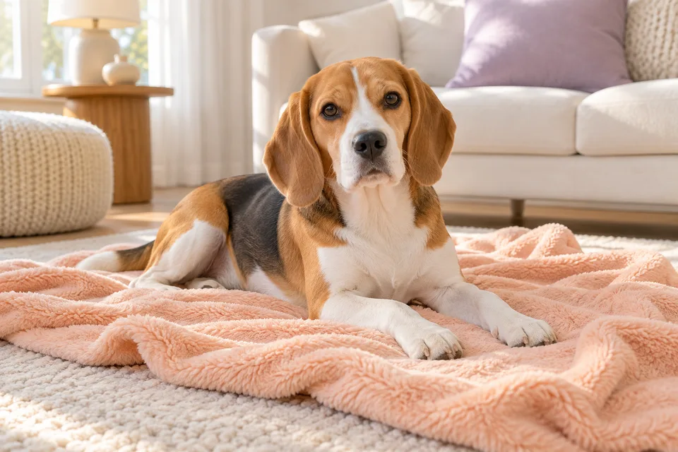A beagle resting on a peach blanket in a tidy cream living room