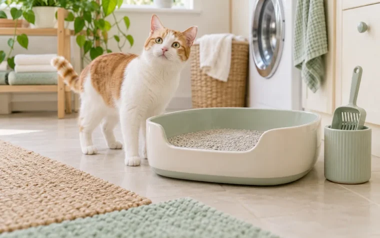 A clean litter tray and scoop with a ginger-and-white cat nearby