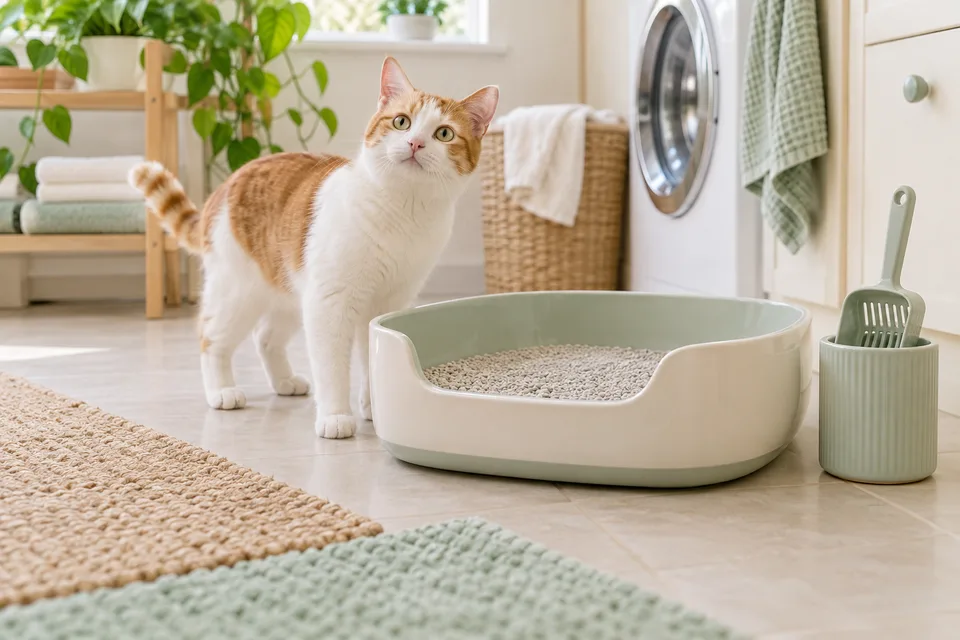 A clean litter tray and scoop with a ginger-and-white cat nearby