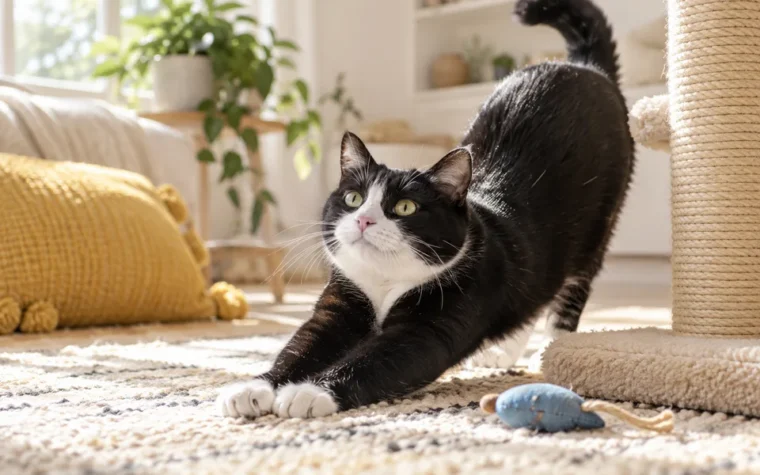 A tuxedo cat stretching beside a scratching post and blue toy