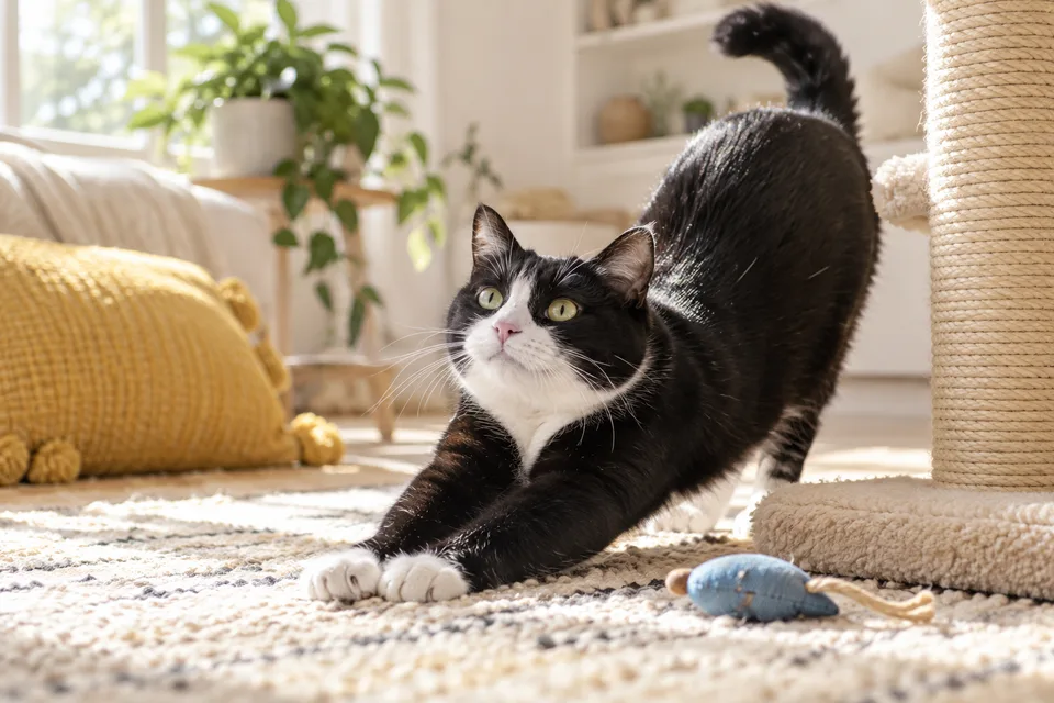 A tuxedo cat stretching beside a scratching post and blue toy
